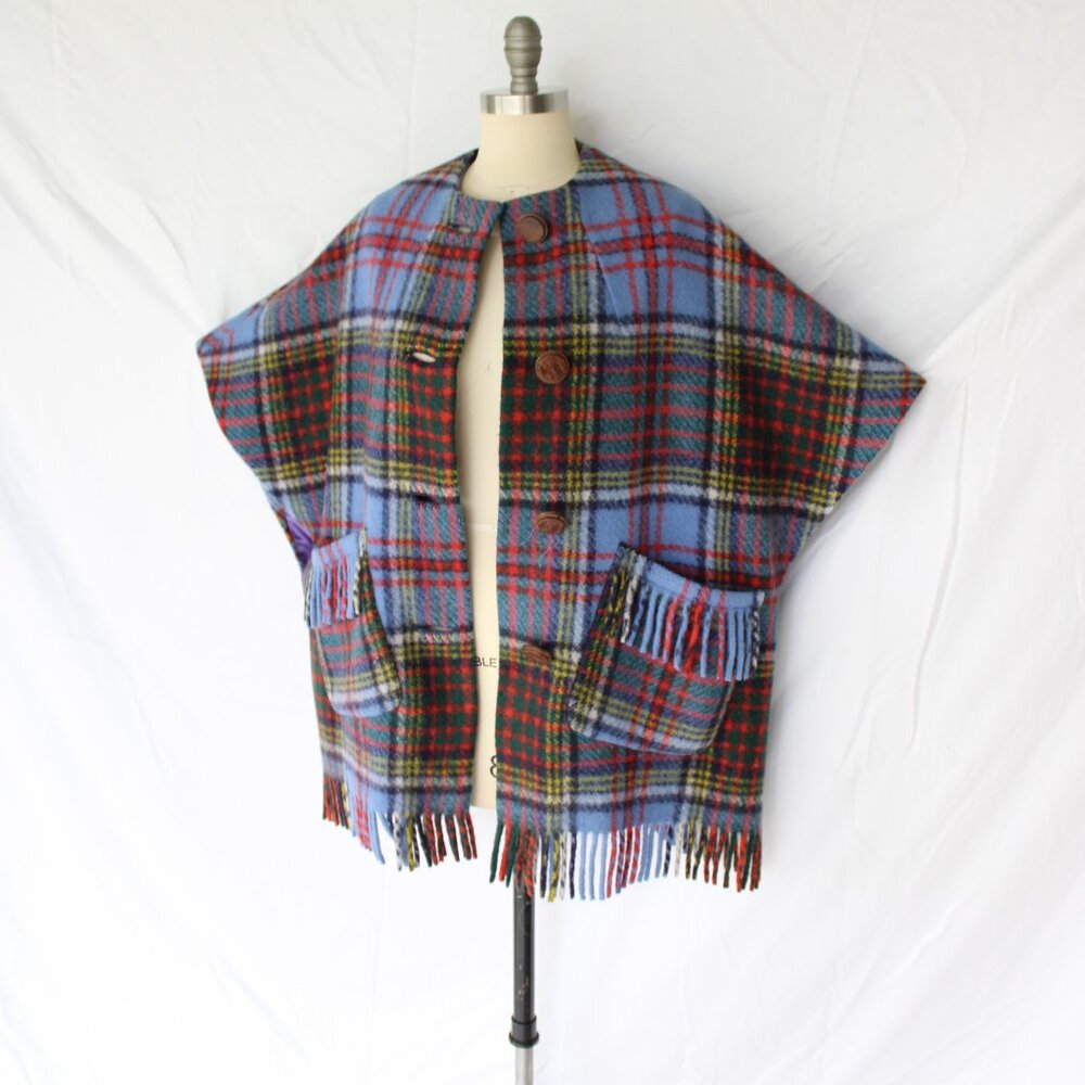 MERRYWEAR Ireland jacket cape poncho cloak Tartan plaid wool fringe check - Picture 6 of 12
